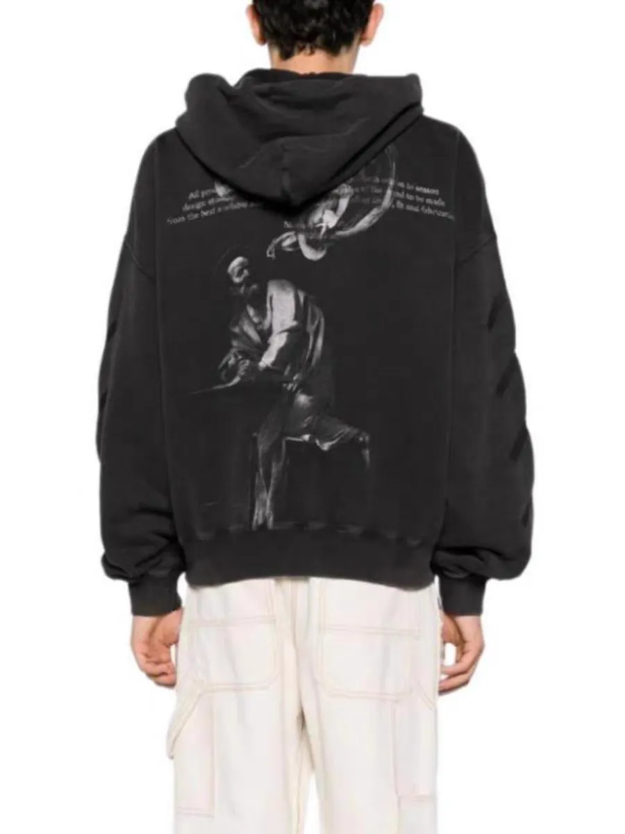 ♻️💯Upper body reference model picture❤️Top tested version OFF oil painting old man WHITE hooded sweatshirt OW jacket hoodie oversize male and female couple stars the same style. As a street fashion art in the luxury ranks, off white has always attracted many fans with its classic logo and trendy creativity. Not only is it an understanding of fashion, off white also intuitively reflects ♻️environmental awareness in many works, and treats the world gently.  The kangaroo pocket adopts a special machine crimping process with externally shaped wiring. The brim of the hat is designed with threads, which is the first thing to look at when appraising.   The fabric is made of 480g terry cotton fabric with full drape.  Color: Black Size: XS-L P:430